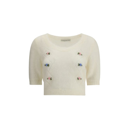 Alessandra Rich White Mohair Sweatshirt with embroidered flowers, round neckline, and ribbed hemline for a romantic touch.
