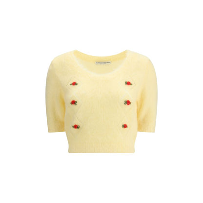 Alt Tag: Alessandra Rich Yellow Mohair Sweatshirt with embroidered flowers and round neckline, perfect for a romantic touch to your wardrobe.