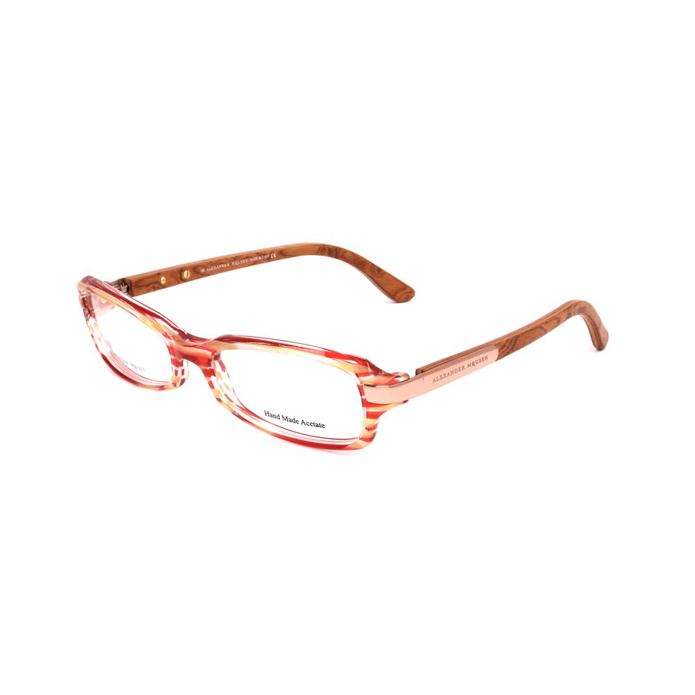 Side view of Alexander McQueen Red Acetate Frames glasses with distinctive red design and wooden temple accents.