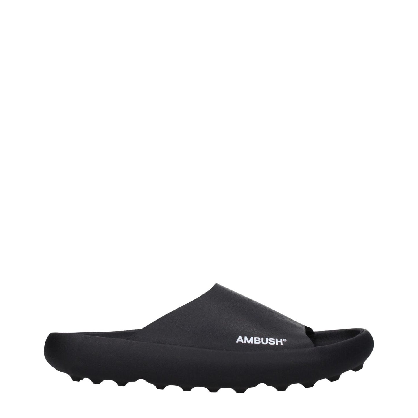 Ambush Black Cotton Slippers with side logo, open toe design, and rubber sole.