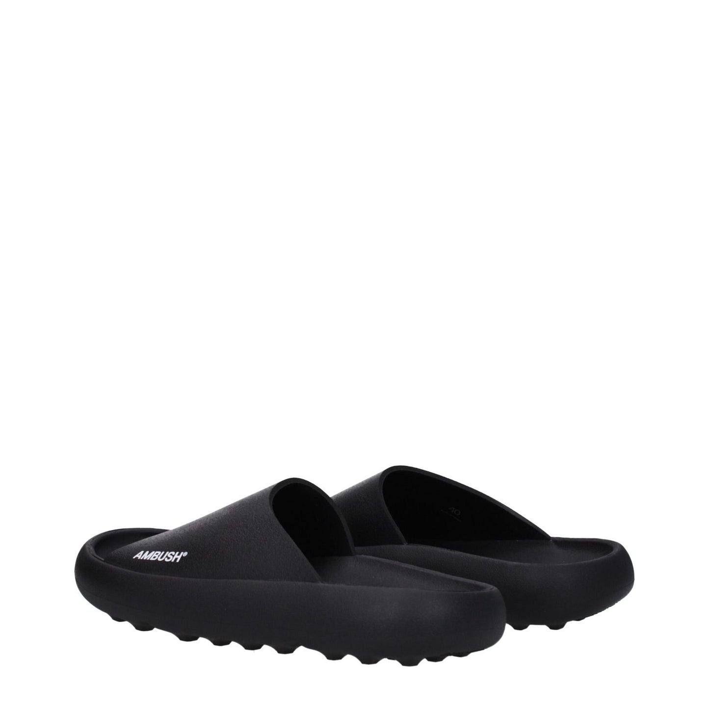 Ambush Black Cotton Slippers with side logo, open toe design, rubber sole, and street style, MPN BMIC005MAT0011001, product code F79692.