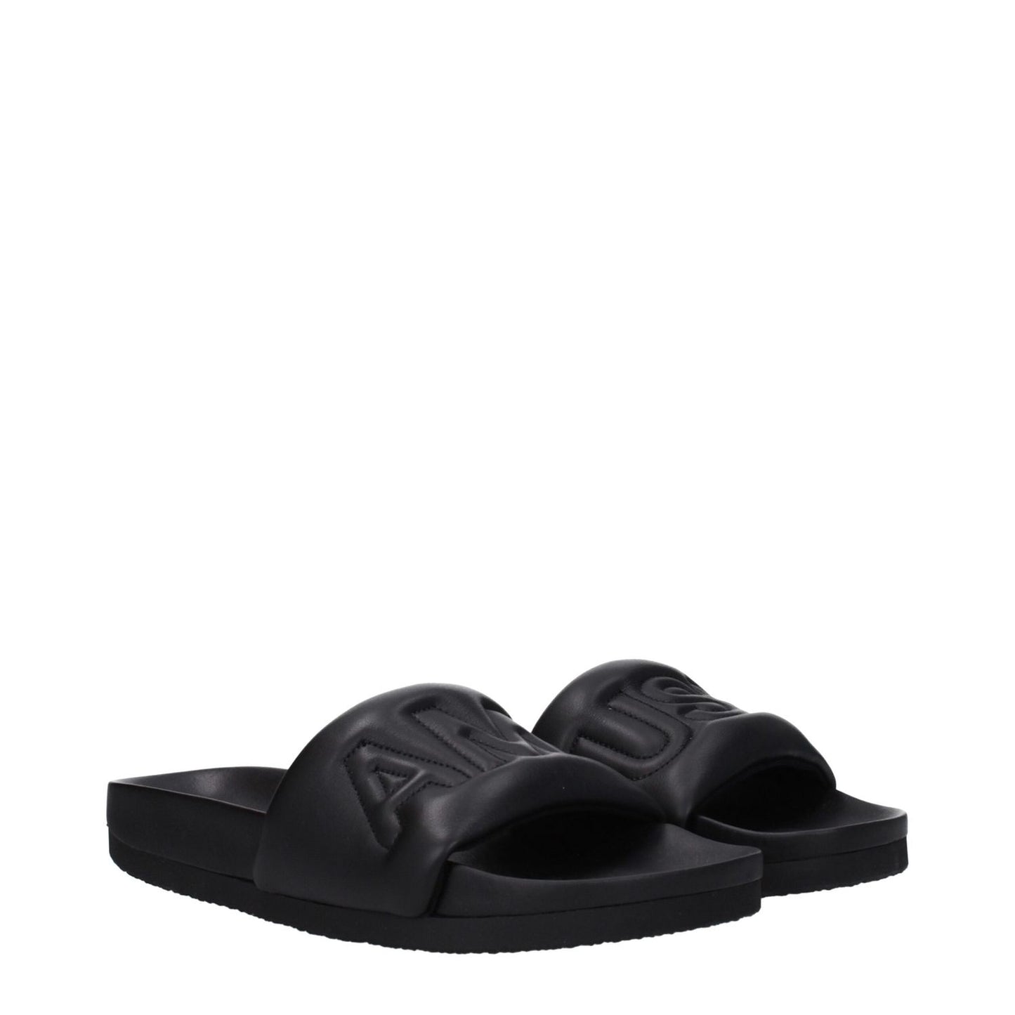 Ambush Black Leather Slippers with open toe and front logo, featuring rubber sole. Style: Street. MPN: BMIC001LEA0011000