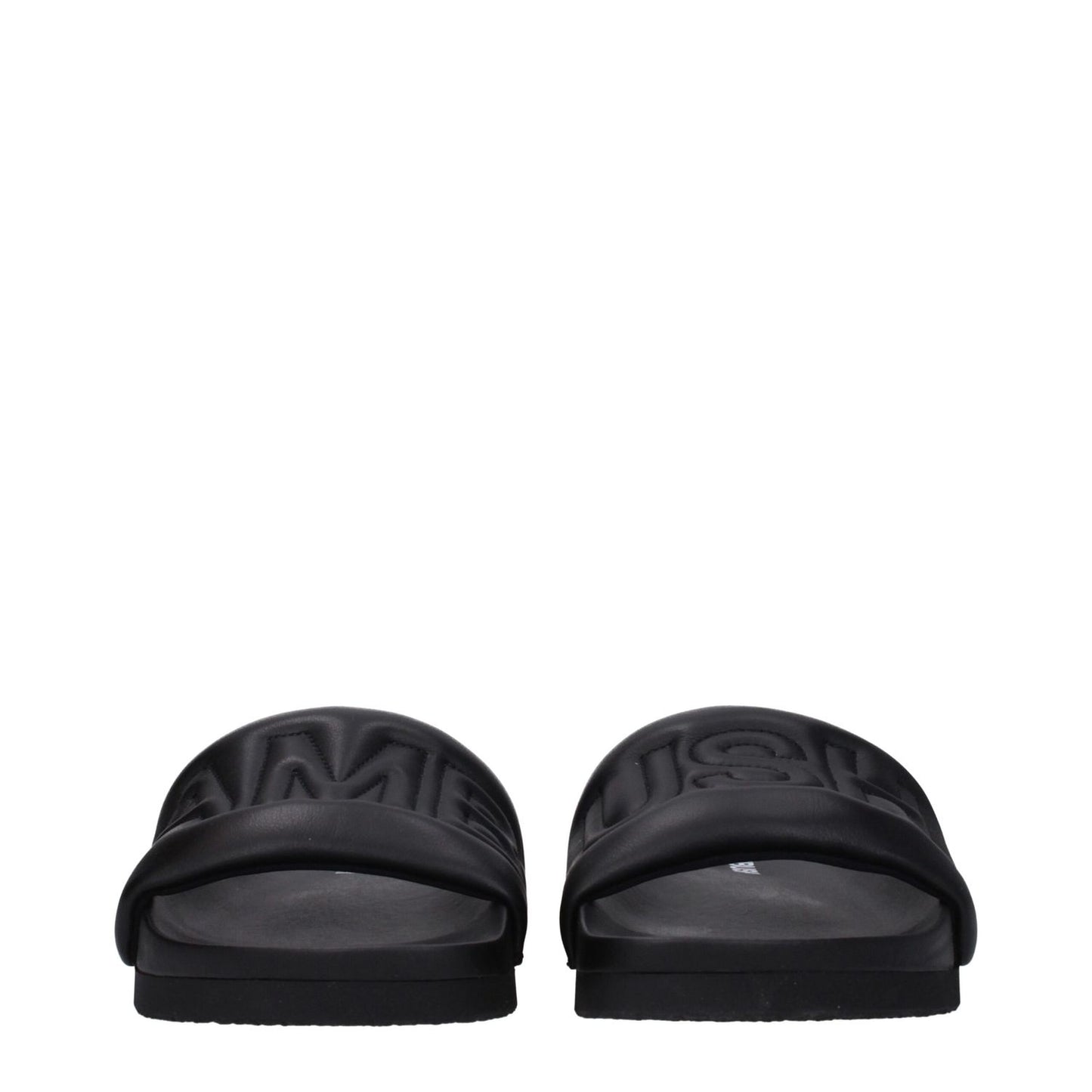 Ambush Black Leather Slippers with front logo, open toe design, and rubber sole.