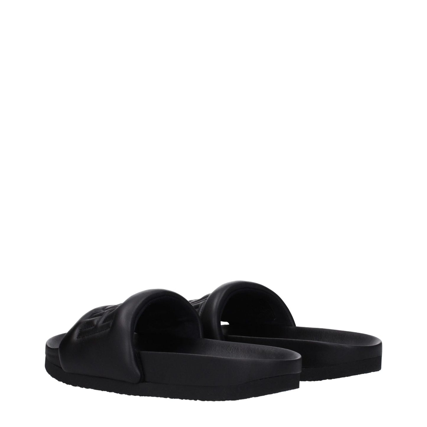 Ambush Black Leather Slippers with logo on rubber sole, open toe design viewed from the back angle.