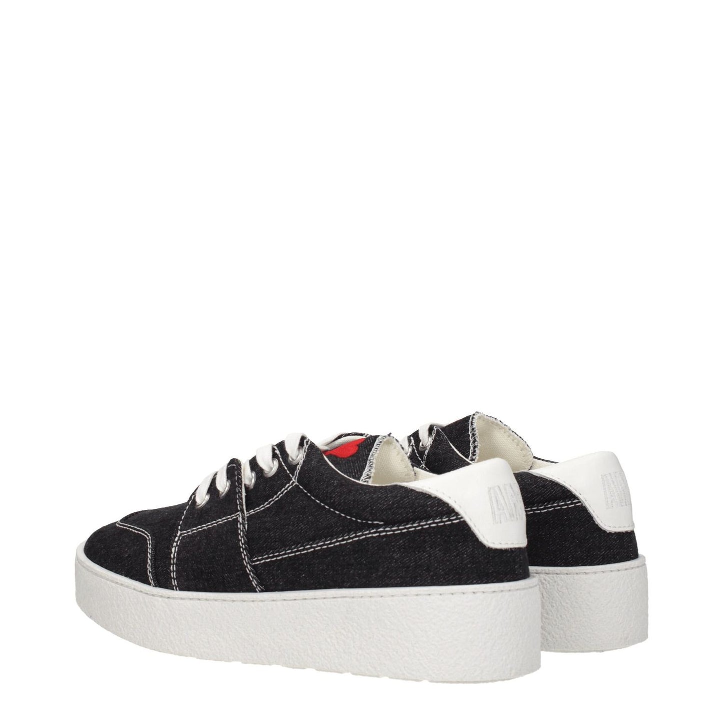 Ami Paris Black Fabric Low Top Sneakers with lace-up closure, rubber sole, and white logo detailing on the back.