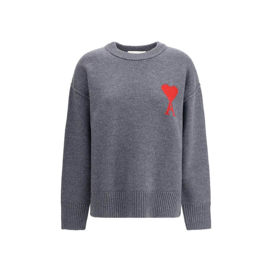 Ami Paris Gray Fleece Wool Sweatshirt with jacquard logo, ribbed hem and cuffs. Casual, modern design made in Portugal.