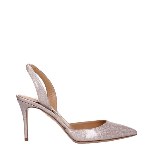 Aquazzura Multicolor Plastic High Heel Pumps with glitter finish, mid heels, leather sole, and pointy toe in champagne color, style: casual.