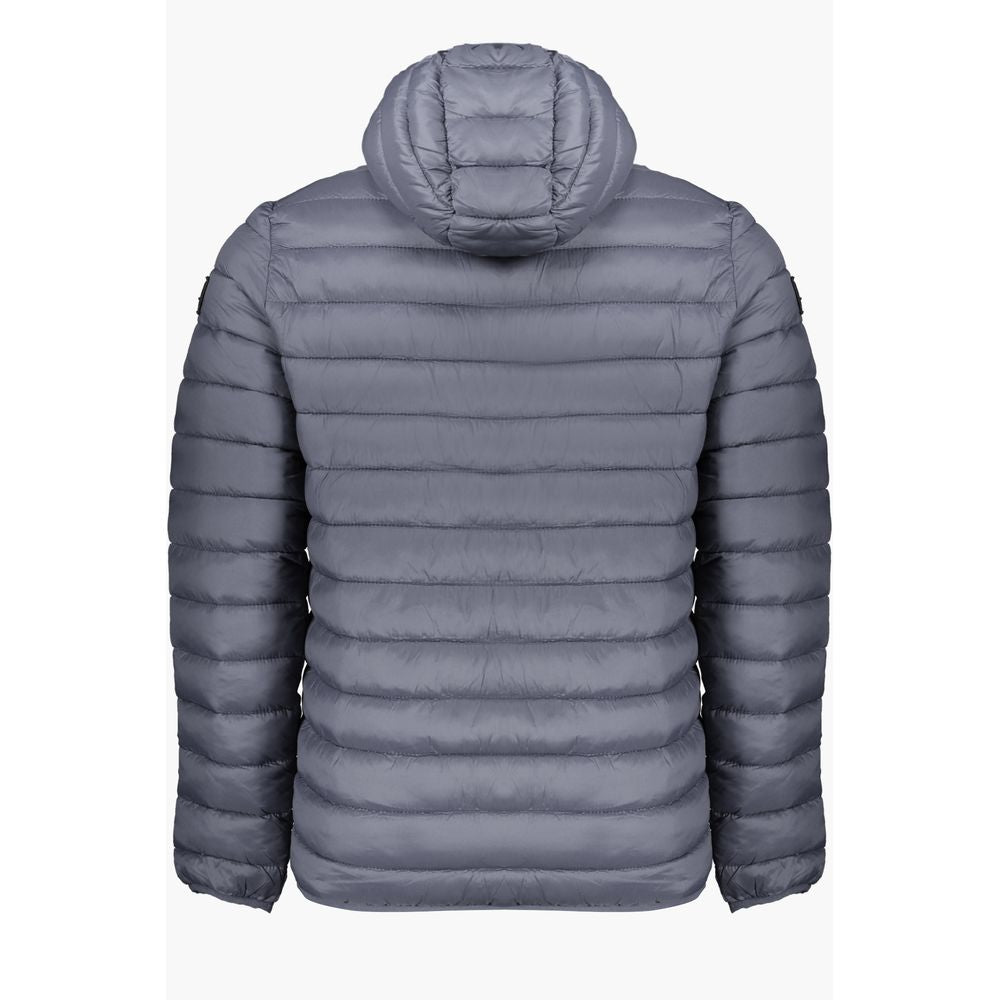 Rear view of Armata Di Mare Gray Polyamide Men Jacket with hood, showcasing quilted design and sleek appearance.