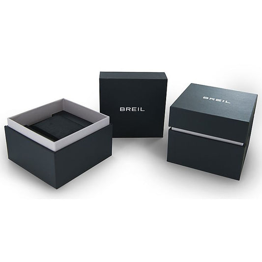 Official packaging for BREIL Mod. TW2058 jewelry, featuring elegant black boxes for gent's quartz analog watch.