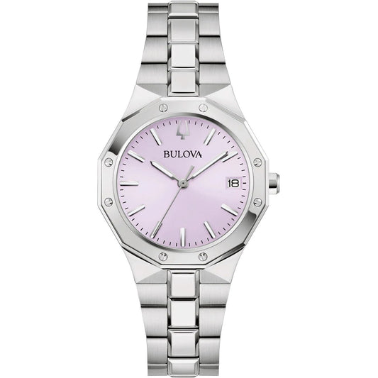 BULOVA Mod. OCTAGON silver watch with light pink dial and stainless steel bracelet, elegant timepiece design.