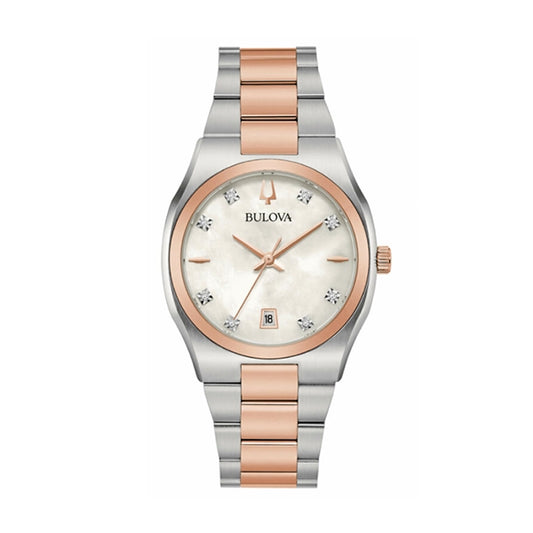 BULOVA Mod. SURVEYOR watch with silver and rose gold tones, featuring a sleek design and date display.
