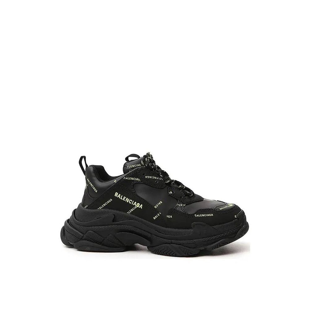 Balenciaga Black Calfskin Chunky Sneakers with all-over logo details, round toe, lace-up front, rubber sole, and fabric interior.