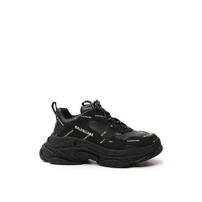 Balenciaga Black Calfskin Chunky Sneakers with all-over logo details, round toe, lace-up front, rubber sole, and fabric interior.