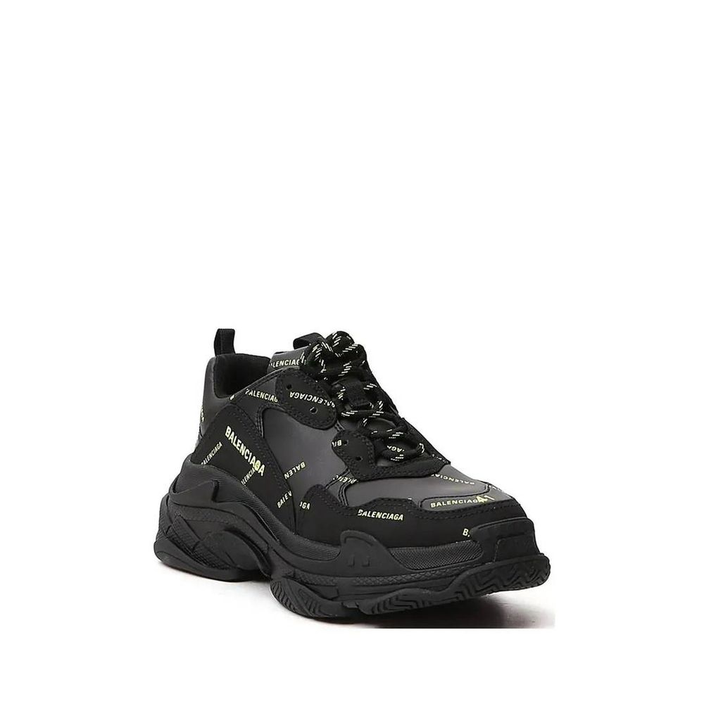 Balenciaga Black Calfskin Chunky Sneakers with all-over logo detail, round toe, front lace-up closure, made in Italy, men's fashion.