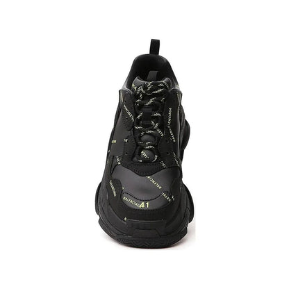 Front view of Balenciaga Black Calfskin Chunky Sneakers with logo details, rubber sole, and lace-up closure.