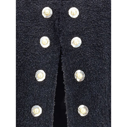 Balmain Black Polyamide Coat with gold coin buttons showcasing elegant design features and luxury detailing.