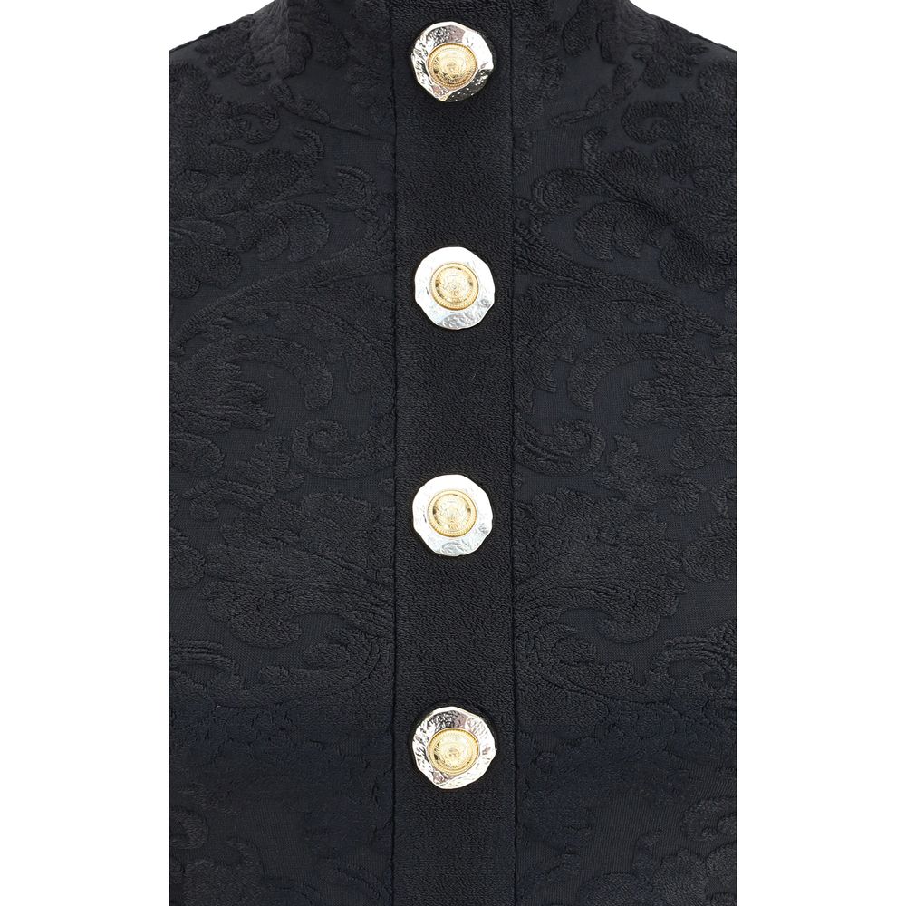 Balmain Black Viscose Top with gold coin buttons and baroque pattern, showcasing elegant design features and Balmain branding details.