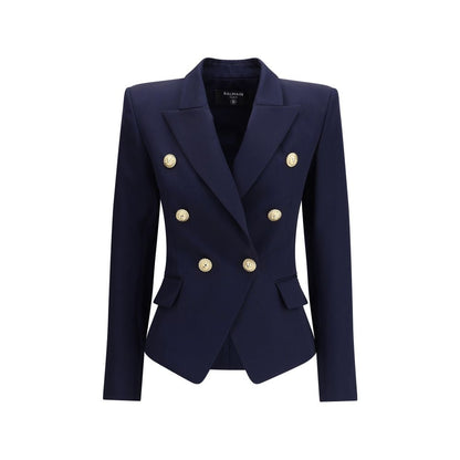 Balmain Blue Fleece Wool Blazer with gold embossed buttons, peak lapels, and structured shoulders.