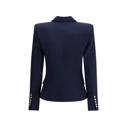Rear view of Balmain Blue Fleece Wool Blazer featuring gold embossed buttons and structured shoulders.