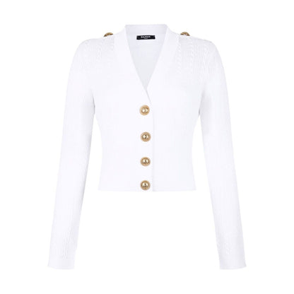 Balmain Button-Trim Cable-Knit Cardigan
