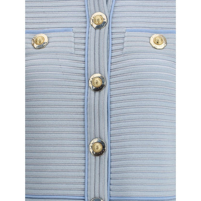 Balmain Light Blue Viscose Cardigan featuring gold button closure and trompe-l’œil pockets with beaded trims.