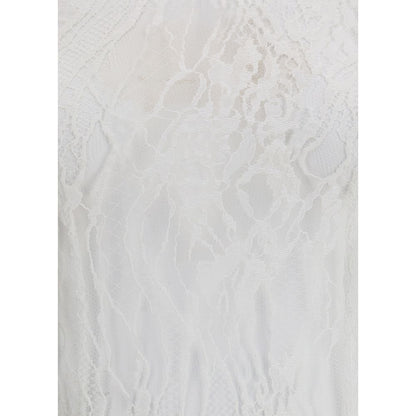 Balmain White Cotton Top featuring elegant sheer lace and high neck design, with back zip and button fastening for a structured fit.