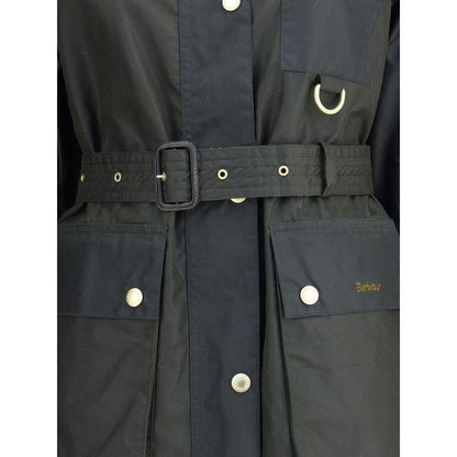Close-up of Barbour Green Cotton Coat with snap-button closure and waist belt for adjustable fit, featuring waxed patches and fine-ribbed collar.