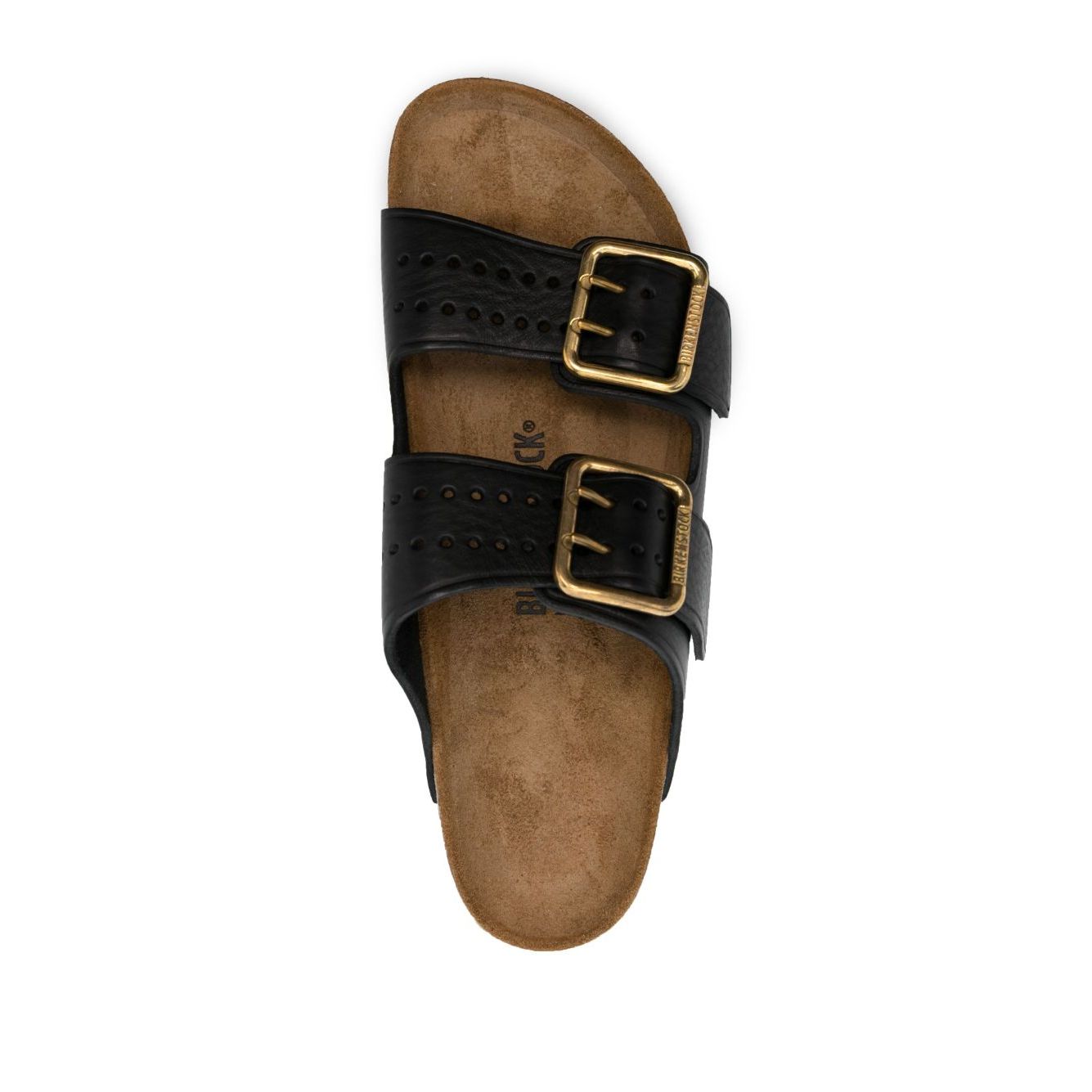 Black Birkenstock Double-strap leather sandals with gold-tone buckle, perforated detailing, and branded footbed, top view.