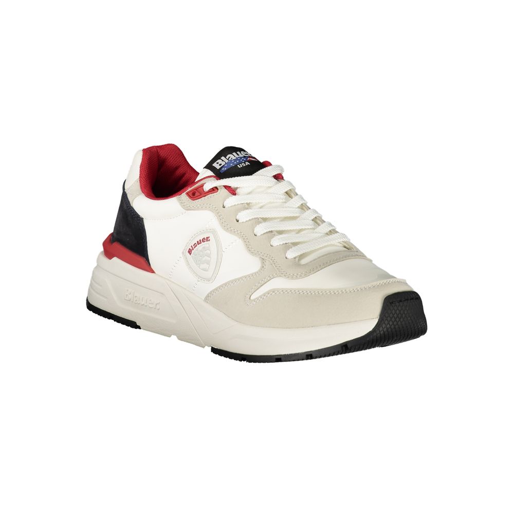 Blauer White Polyester Men Sneaker with red accents and iconic logo, perfect for fashion-forward individuals seeking style and confidence.