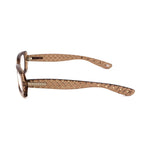 Side view of Bottega Veneta Brown Plastic Frames showcasing transparent brown plastic material and design details.
