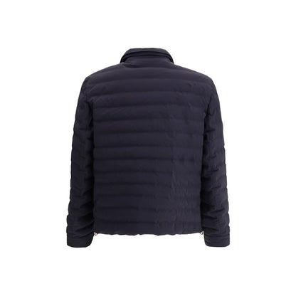 Back view of Brunello Cucinelli Blue Polyester Coat showcasing elegant quilted design and classic collar style.