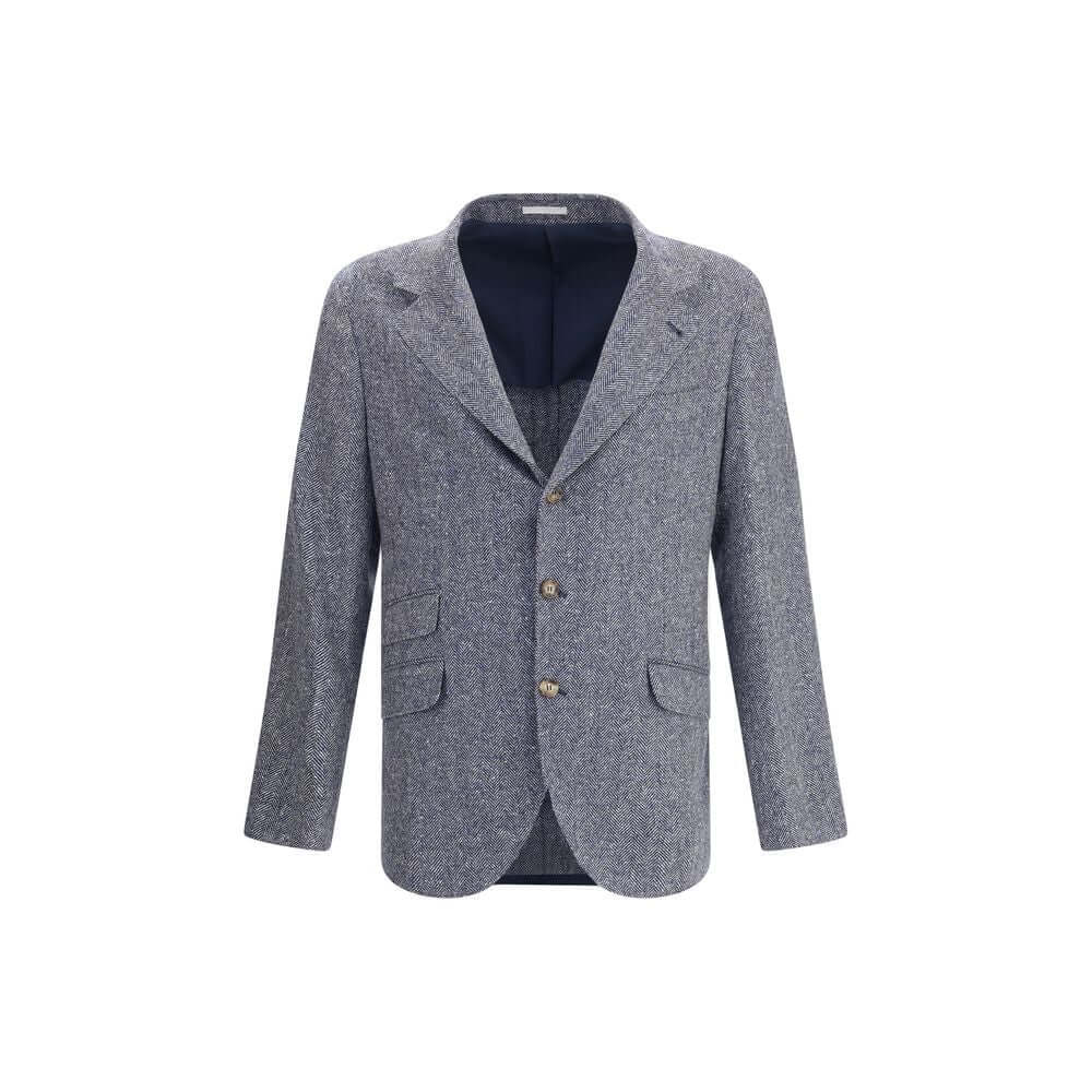 Brunello Cucinelli Blue Wool Blazer with herringbone pattern, classic lapels, and welt flap pockets for AW25 season.