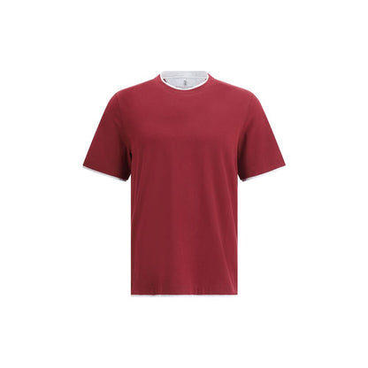 Brunello Cucinelli Bordeaux Cotton T-Shirt with two-tone double layer hems, elegant monochrome pattern, and regular fit for AW25.