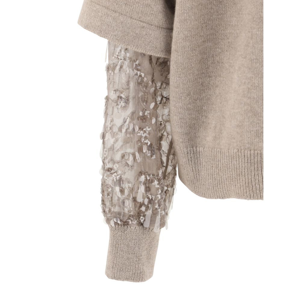 Close-up of Brunello Cucinelli Brown Calf Leather Bos Taurus Turtleneck with double-layered sleeve detail.