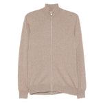Brunello Cucinelli Cashmere Zipped Cardigan in brown with front zip, high neck, long sleeves, ribbed cuffs and hem.