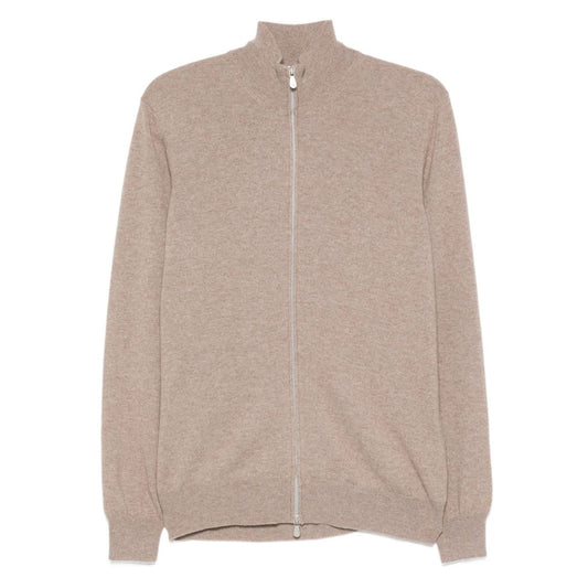 Brunello Cucinelli Cashmere Zipped Cardigan in brown with front zip, high neck, long sleeves, ribbed cuffs and hem.