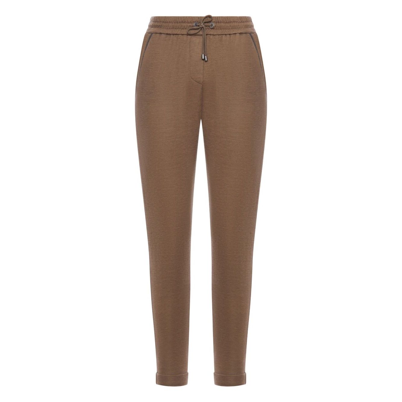 Brunello Cucinelli Cotton And Silk Blend Trousers with brown elasticated waistband and tapered leg for stylish comfort.