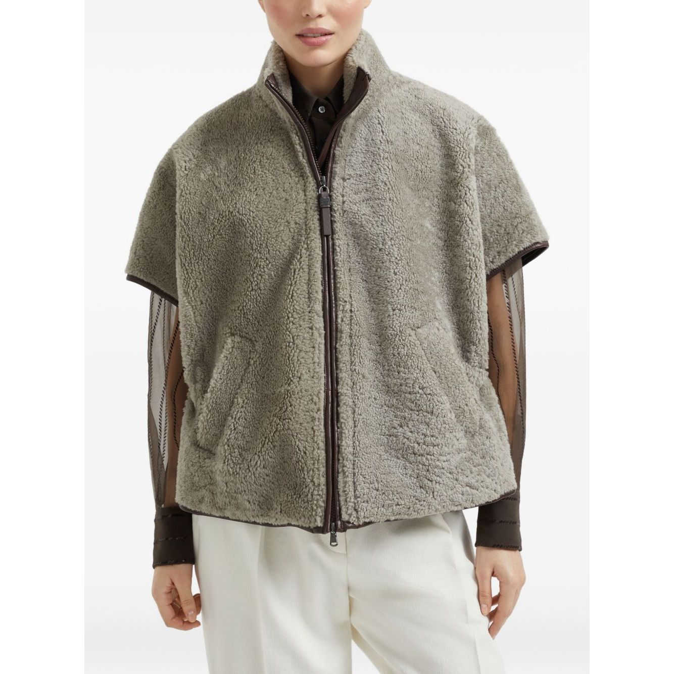 Brunello Cucinelli Curly Shearling Short Sleeve Outerwear with Shiny Zipper Pull