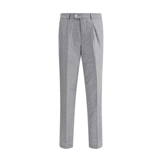 Brunello Cucinelli Gray Cashmere Casual Pants with tapered leg, front American pockets, and back welt pockets for a modern look.