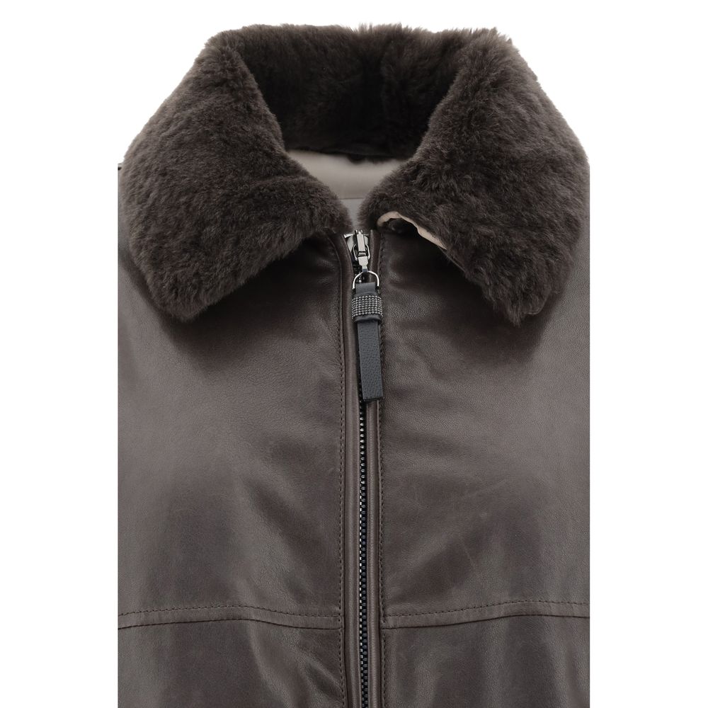 Brunello Cucinelli Leather Jacket with collar and front buttons, featuring two patch pockets for a classic and sophisticated style.