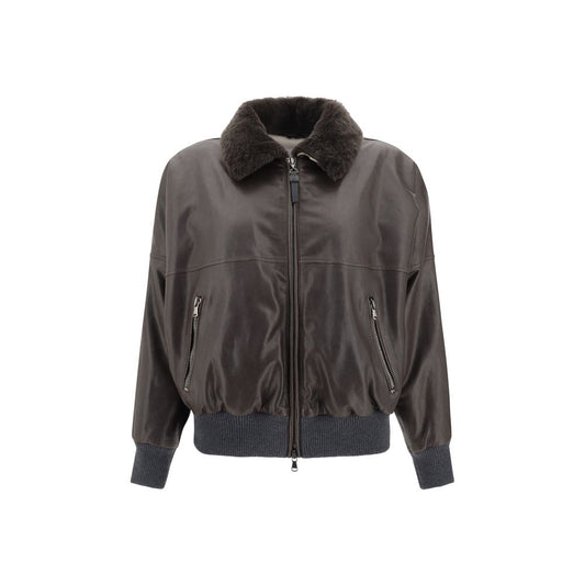 Brunello Cucinelli Leather Jacket with classic collar, front button closure, and two patch pockets, perfect for timeless elegance and style.