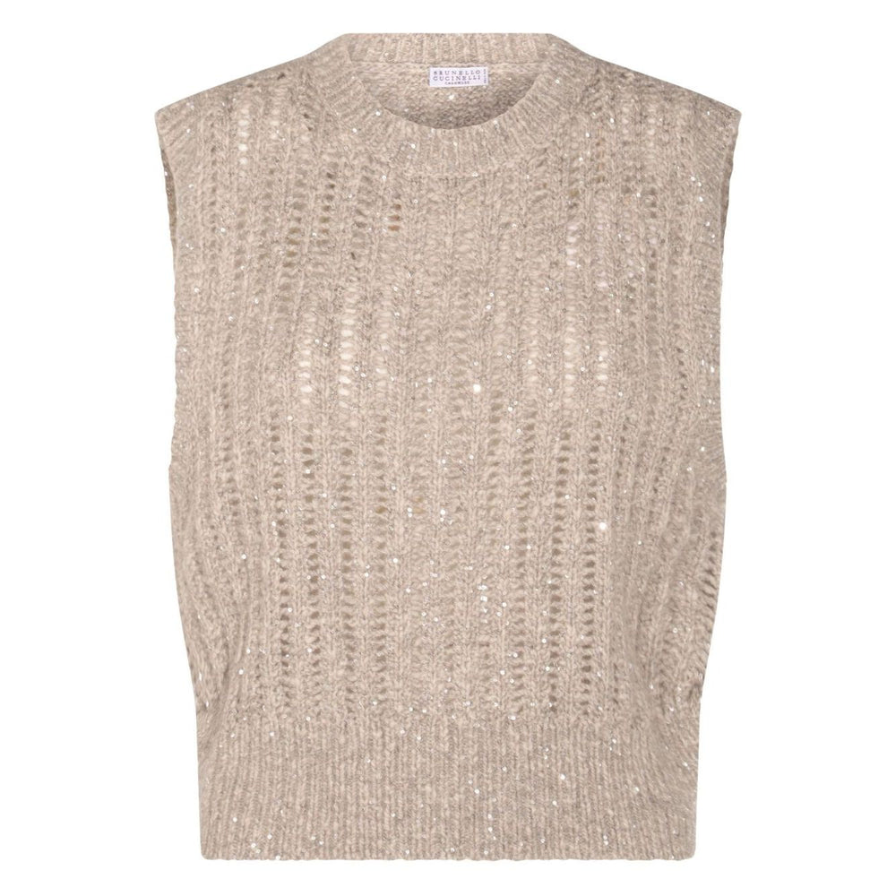 Brunello Cucinelli Natural Knitted Crewneck Vest in beige with sequin embellishments, sleeveless wool design, true to size fit.