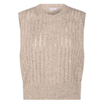 Brunello Cucinelli Natural Knitted Crewneck Vest in beige with sequin embellishments, sleeveless wool design, true to size fit.
