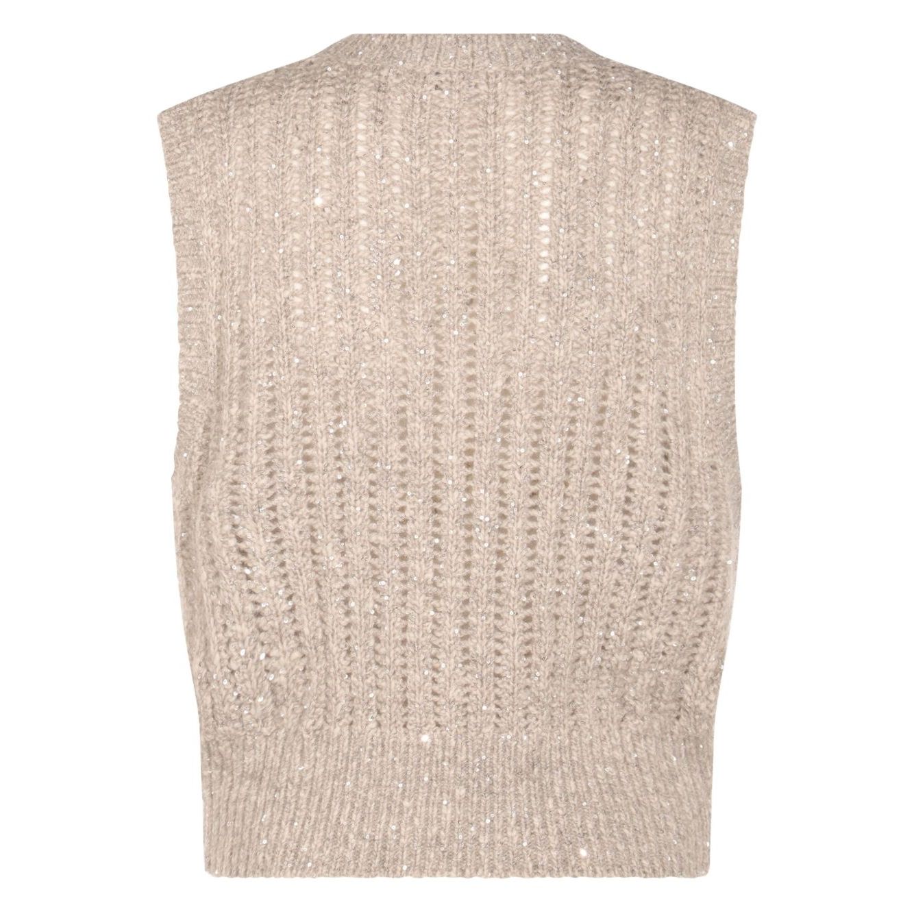 Back view of Brunello Cucinelli Natural Knitted Crewneck Vest in beige with sequin embellishments, wool sleeveless design.