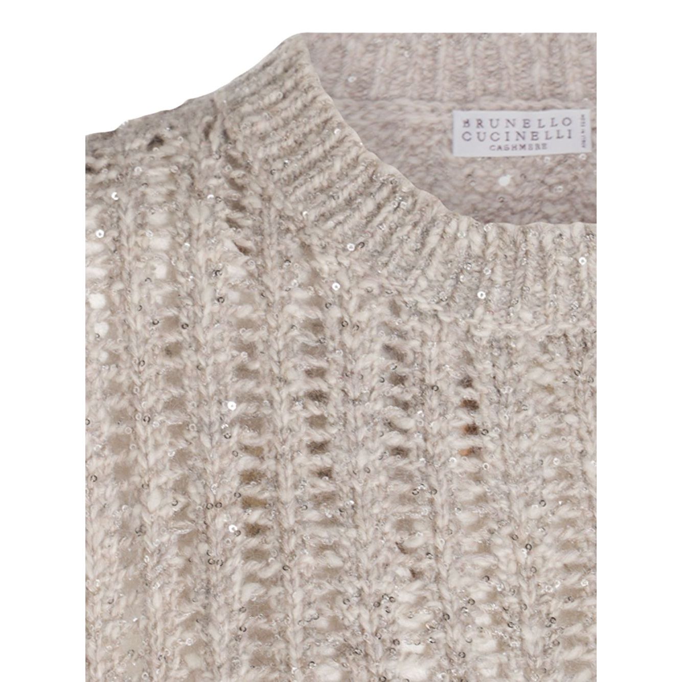 Brunello Cucinelli Natural Knitted Crewneck Vest in beige with sequin embellishments, wool texture close-up