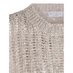 Brunello Cucinelli Natural Knitted Crewneck Vest in beige with sequin embellishments, wool texture close-up