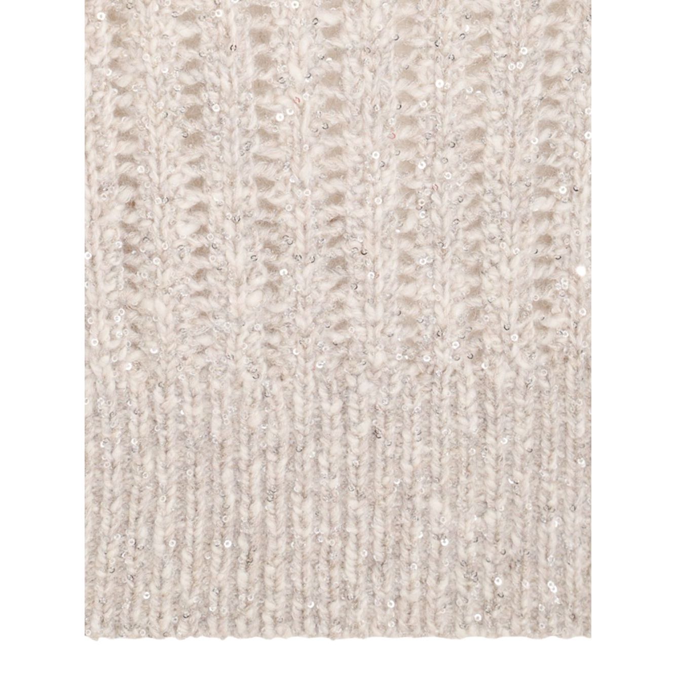 Close-up of Brunello Cucinelli Natural Knitted Crewneck Vest highlighting the beige sequin embellishments on wool fabric.
