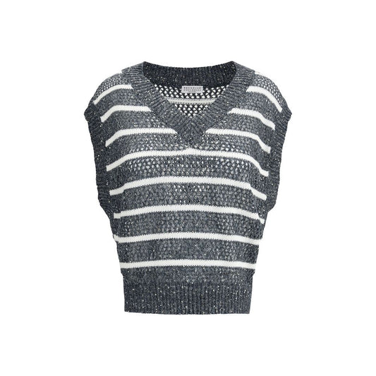 Brunello Cucinelli Striped Vest with micro sequins and ribbed hems, featuring a sophisticated V-neck design in loose weave.