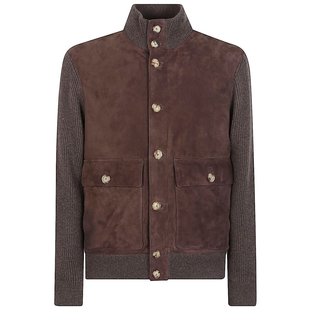 Brunello Cucinelli Suede and cashmere blouson jacket with brown leather, cashmere collar, cuffed sleeves, button pockets, and ribbed hem.