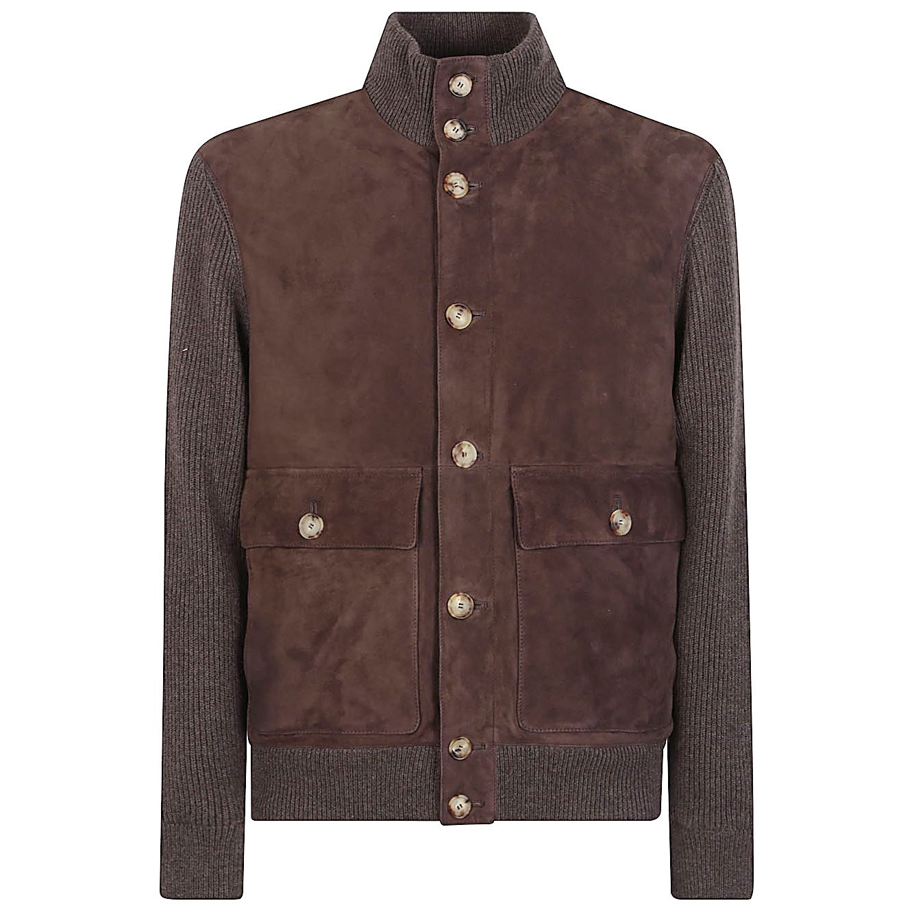 Brunello Cucinelli Suede and cashmere blouson jacket with brown leather, cashmere collar, cuffed sleeves, button pockets, and ribbed hem.